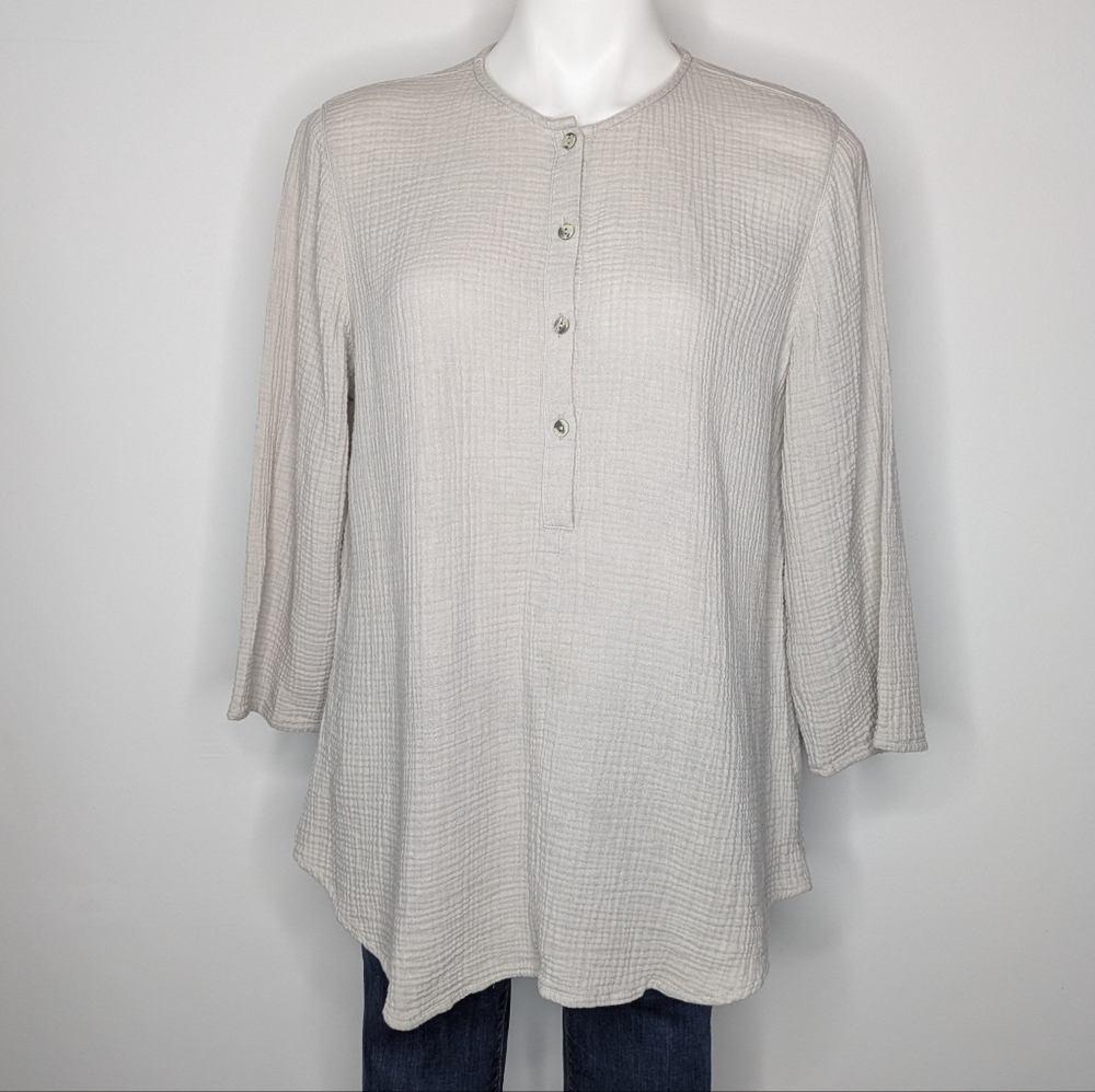 J Jill Pure Jill Light Tan 1/2 Button 1/2 Sleeve Lagenlook Cotton Top M